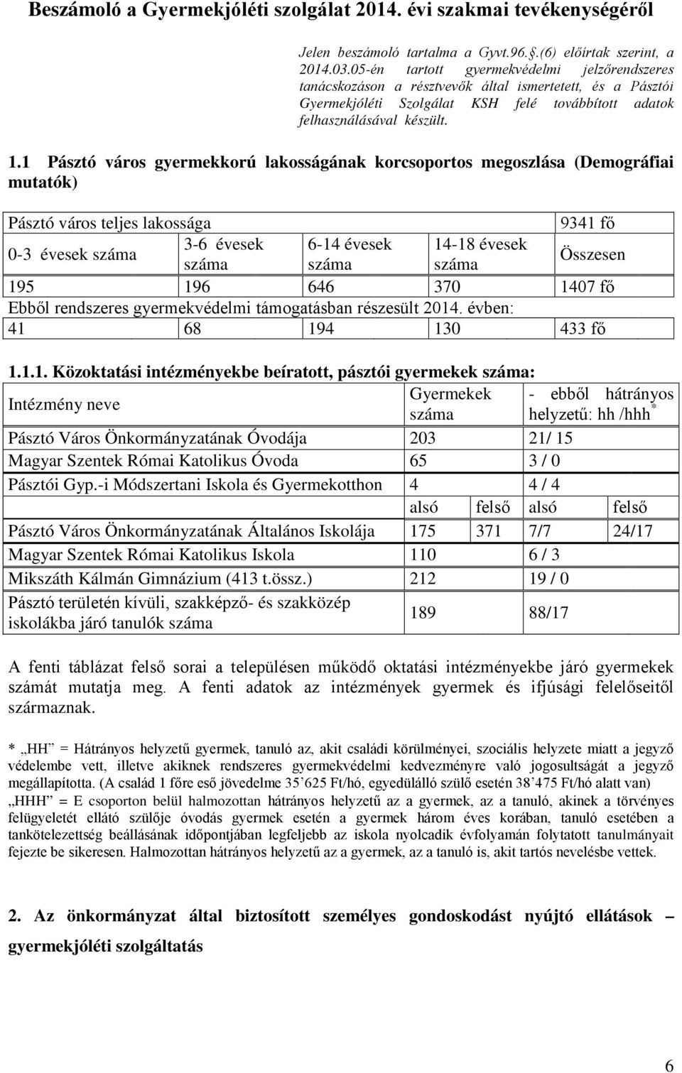 1 Pásztó város gyermekkorú lakosságának korcsoportos megoszlása (Demográfiai mutatók) Pásztó város teljes lakossága 9341 fő 3-6 évesek 6-14 évesek 14-18 évesek 0-3 évesek száma Összesen száma száma