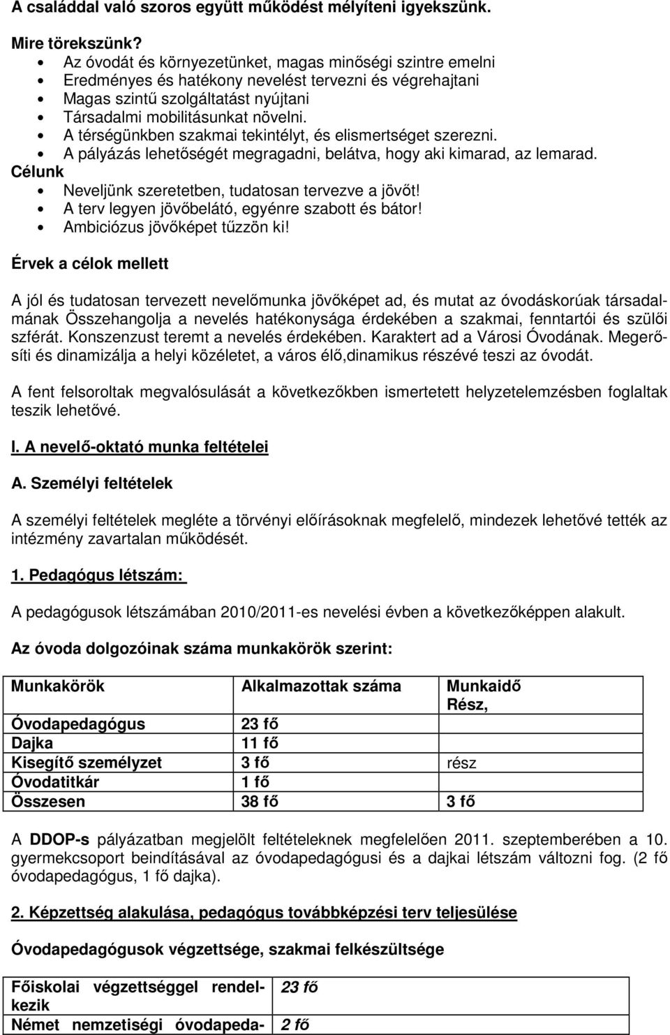 A térségünkben szakmai tekintélyt, és elismertséget szerezni. A pályázás lehetıségét megragadni, belátva, hogy aki kimarad, az lemarad. Célunk Neveljünk szeretetben, tudatosan tervezve a jövıt!