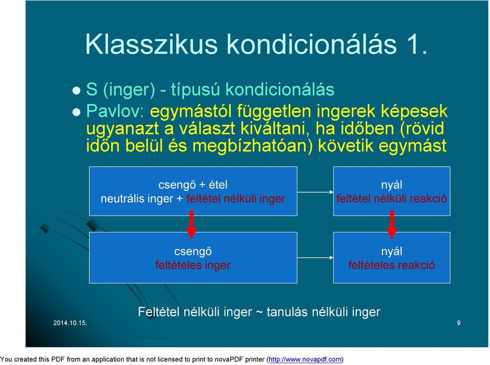 választ kiváltani, ha időben (rövid időn belül és megbízhatóan) követik egymást csengő + étel