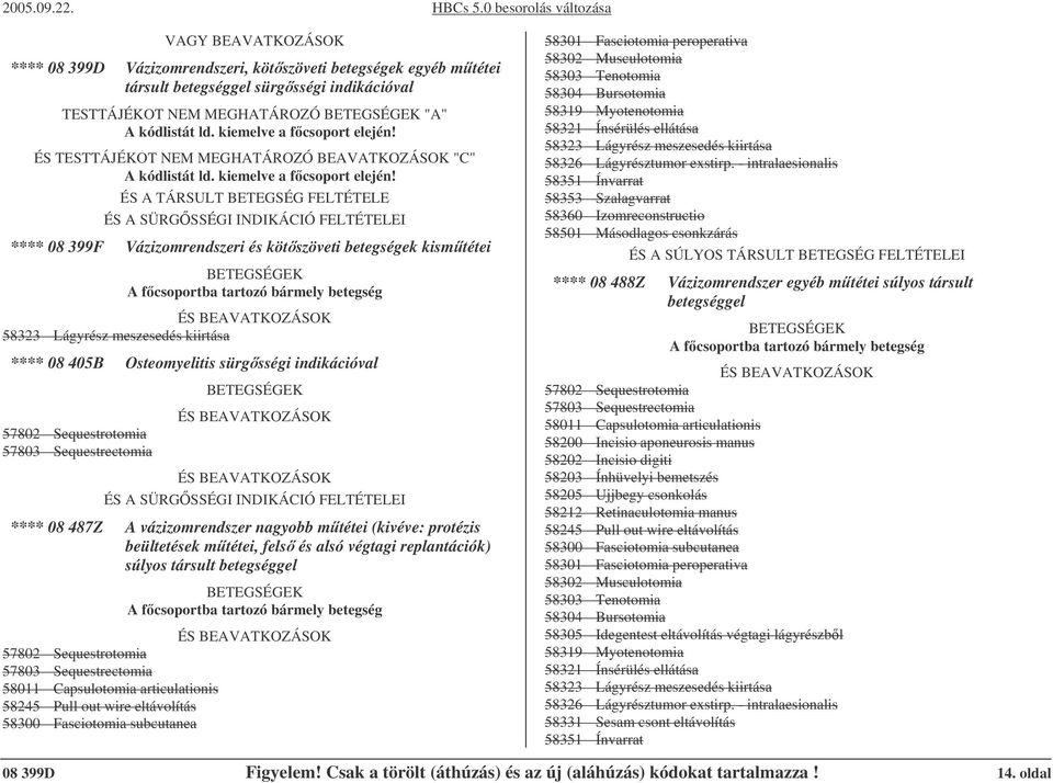 Osteomyelitis sürgsségi indikációval 57802 Sequestrotomia 57803 Sequestrectomia ÉS A SÜRGSSÉGI INDIKÁCIÓ FELTÉTELEI **** 08 487Z A vázizomrendszer nagyobb mtétei (kivéve: protézis beültetések mtétei,