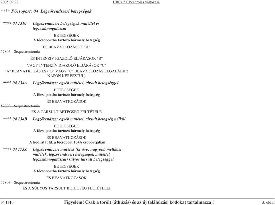 FELTÉTELE **** 04 134B Légzrendszer egyéb mtétei, társult betegség nélkül A kódlistát ld. a fcsoport 134A csoportjában!