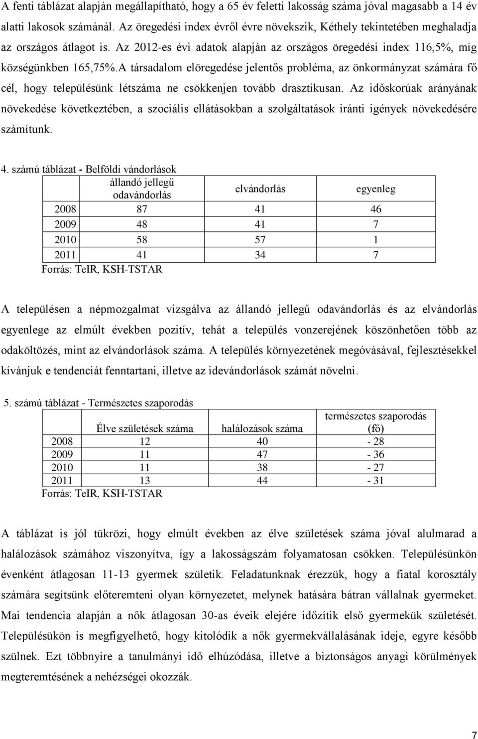 A társadalom elöregedése jelentős probléma, az önkormányzat számára fő cél, hogy településünk létszáma ne csökkenjen tovább drasztikusan.