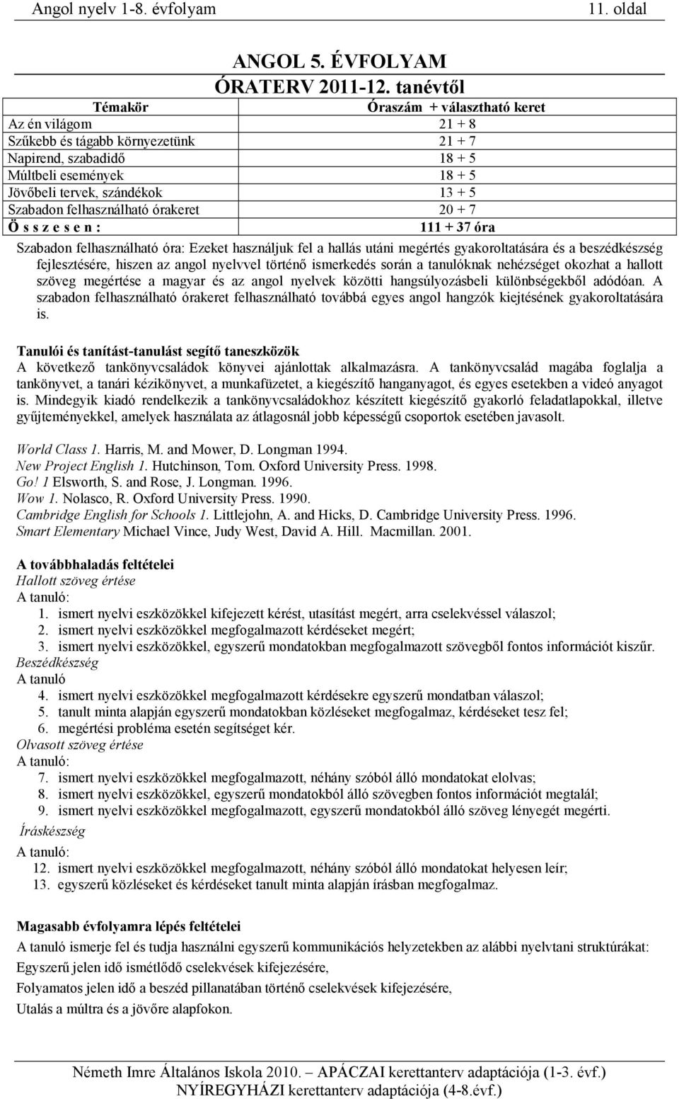 felhasználható órakeret 20 + 7 Ö s s z e s e n : 111 + 37 óra Szabadon felhasználható óra: Ezeket használjuk fel a hallás utáni megértés gyakoroltatására és a beszédkészség fejlesztésére, hiszen az