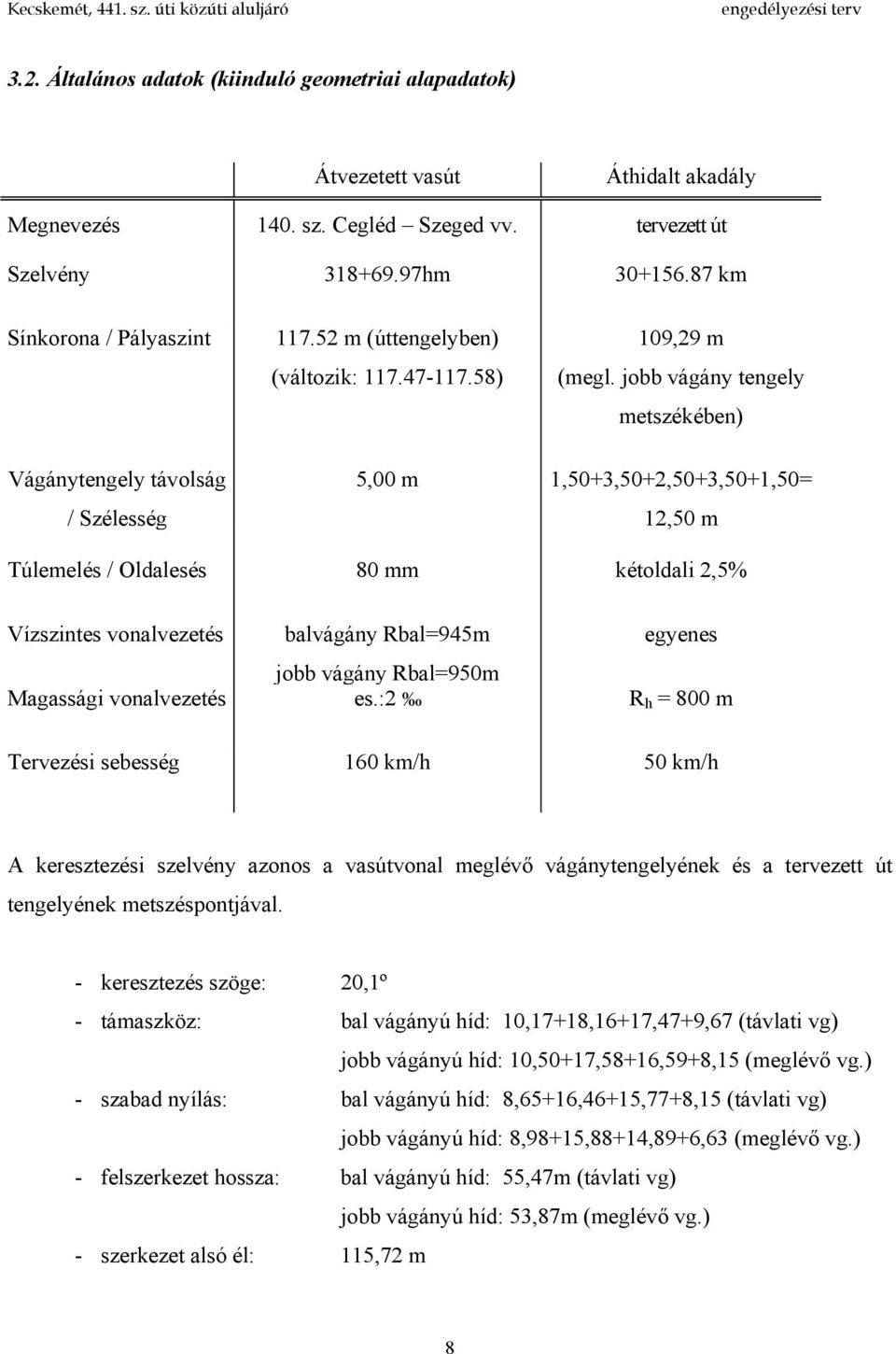 jobb vágány tengely metszékében) Vágánytengely távolság / Szélesség 5,00 m 1,50+3,50+2,50+3,50+1,50= 12,50 m Túlemelés / Oldalesés 80 mm kétoldali 2,5% Vízszintes vonalvezetés balvágány Rbal=945m