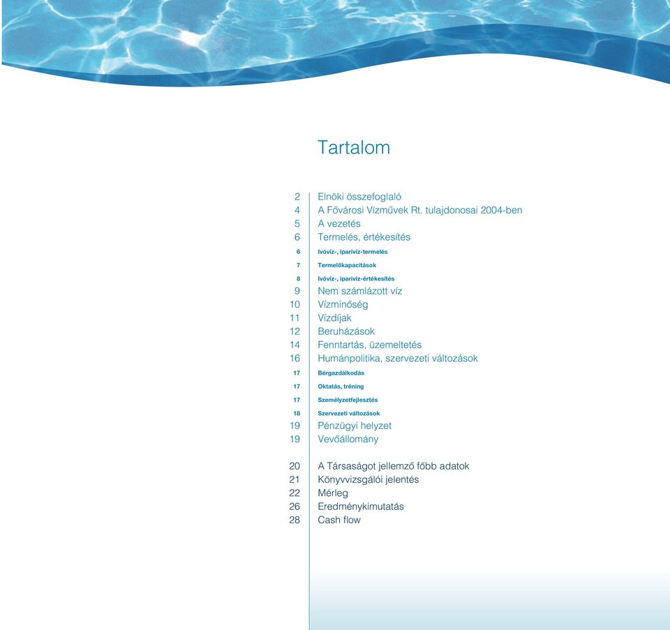 9 Nem számlázott víz 1 Vízminôség 11 Vízdíjak 12 Beruházások 14 Fenntartás, üzemeltetés 16 Humánpolitika, szervezeti változások 17