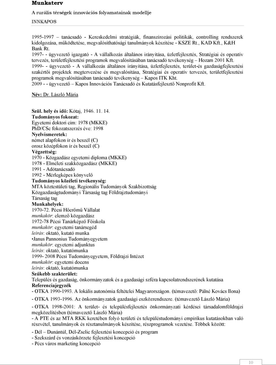 1999- - ügyvezető - A vállalkozás általános irányítása, üzletfejlesztés, terület-és gazdaságfejlesztési szakértői projektek megtervezése és megvalósítása, Stratégiai és operatív tervezés,