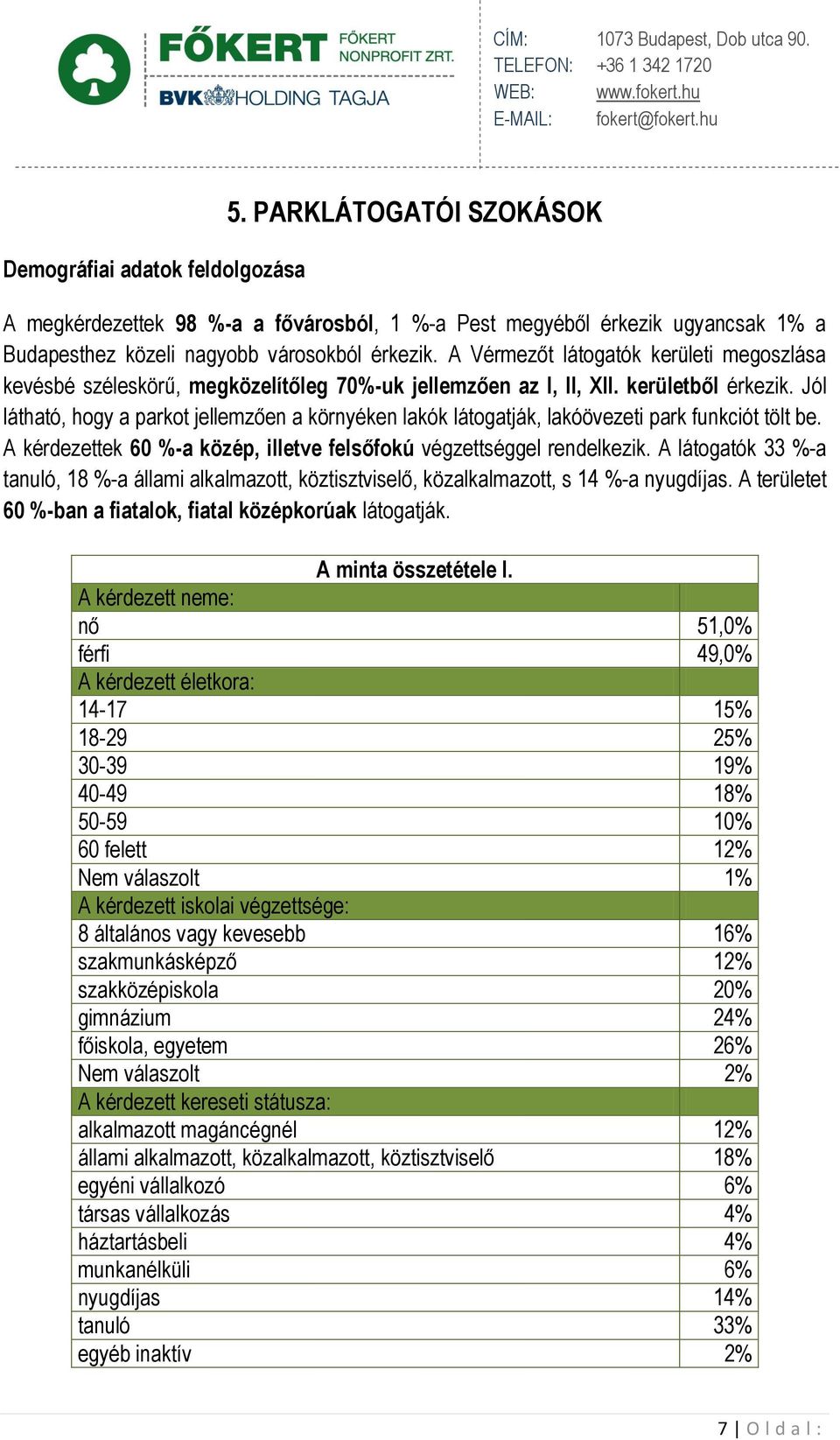 Jól látható, hogy a parkot jellemzően a környéken lakók látogatják, lakóövezeti park funkciót tölt be. A kérdezettek 60 %-a közép, illetve felsőfokú végzettséggel rendelkezik.