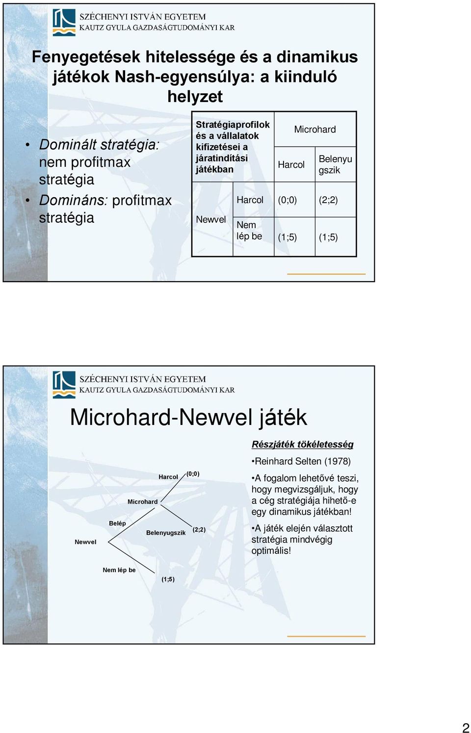 (2;2) (1;5) Microhard-Newvel játék Részjáték tökéletesség Newvel Harcol Microhard Belép Belenyugszik (0;0) (2;2) Reinhard Selten (1978) A fogalom