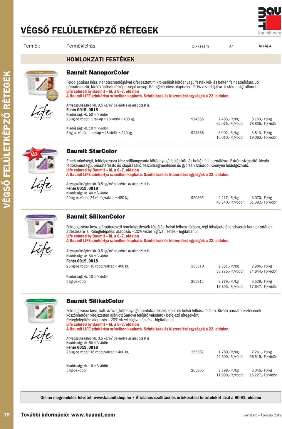 oldalon A Baumit LIFE színkrtya színibn kapható. Színflrak és kiszrlési gységk a 22. oldalon. Anyagszükséglt: kb. 0,5 kg/m 2 blértv az alapozst is. Fhér 0019, 0018 Kiadóssg: kb.