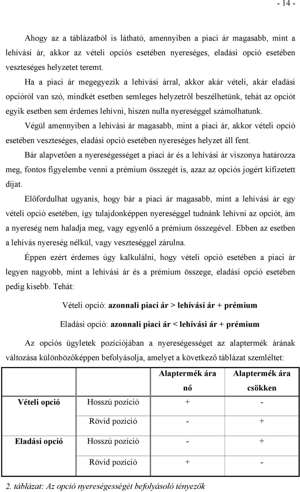 hiszen nulla nyereséggel számolhatunk. Végül amennyiben a lehívási ár magasabb, mint a piaci ár, akkor vételi opció esetében veszteséges, eladási opció esetében nyereséges helyzet áll fent.