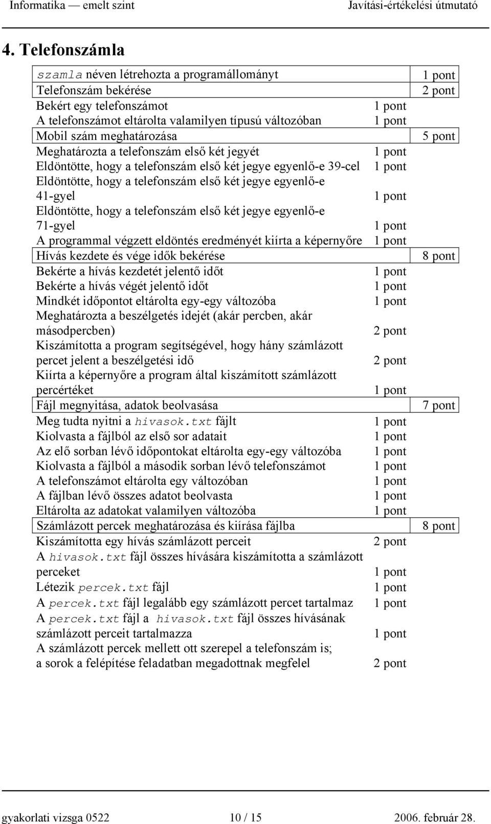 jegye egyenlő-e 71-gyel A programmal végzett eldöntés eredményét kiírta a képernyőre Hívás kezdete és vége idők bekérése Bekérte a hívás kezdetét jelentő időt Bekérte a hívás végét jelentő időt