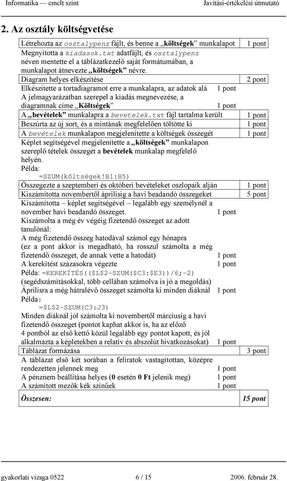 Diagram helyes elkészítése Elkészítette a tortadiagramot erre a munkalapra, az adatok alá A jelmagyarázatban szerepel a kiadás megnevezése, a diagramnak címe Költségek A bevételek munkalapra a