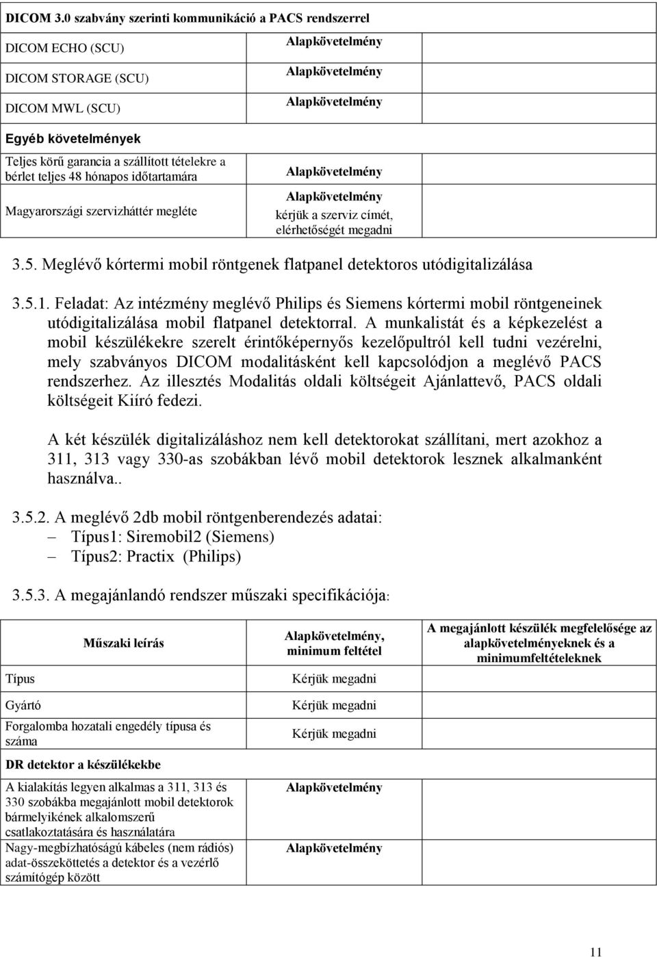 időtartamára Magyarországi szervizháttér megléte kérjük a szerviz címét, elérhetőségét megadni 3.5. Meglévő kórtermi mobil röntgenek flatpanel detektoros utódigitalizálása 3.5.1.