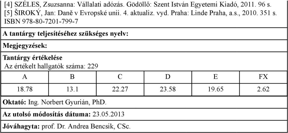 ISBN 978-80-7201-799-7 Tantárgy értékelése Az értékelt hallgatók száma: 229 A B C D E FX 18.