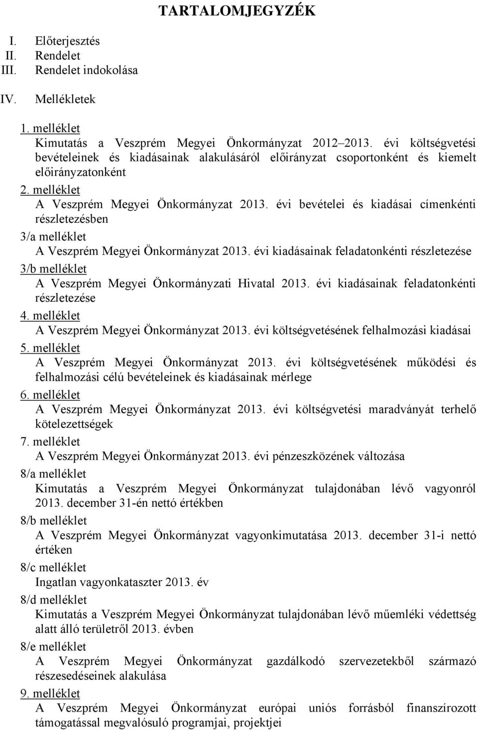 évi bevételei és kiadásai címenkénti részletezésben 3/a melléklet A Veszprém Megyei Önkormányzat 2013.