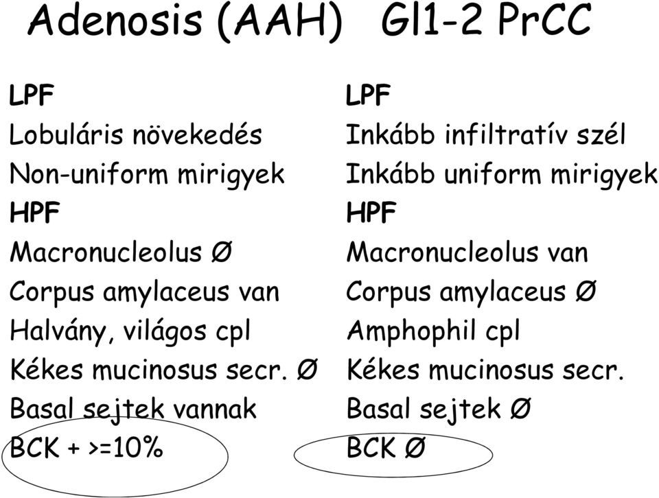 Ø Basal sejtek vannak BCK + >=10% LPF Inkább infiltratív szél Inkább uniform