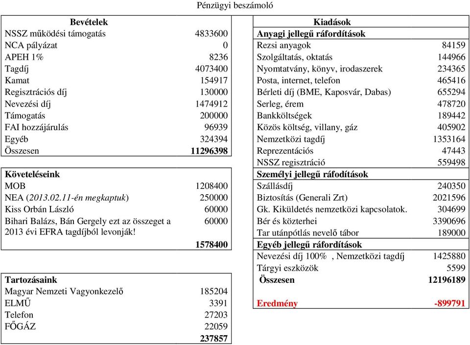 Támogatás 200000 Bankköltségek 189442 FAI hozzájárulás 96939 Közös költség, villany, gáz 405902 Egyéb 324394 Nemzetközi tagdíj 1353164 Összesen 11296398 Reprezentációs 47443 NSSZ regisztráció 559498
