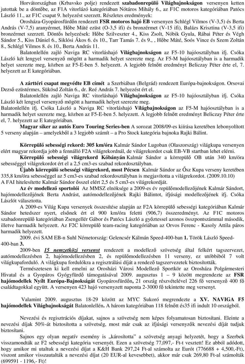 Részletes eredmények: Orosháza-Gyopárosfürdőn rendezett FSR motoros hajó EB versenyen Schlégl Vilmos (V-3,5) és Berta András (V-7,5) aranyérmet, Hőbe Máté ezüst (O-3,5 ifi) és bronzérmet (V-15 ifi),