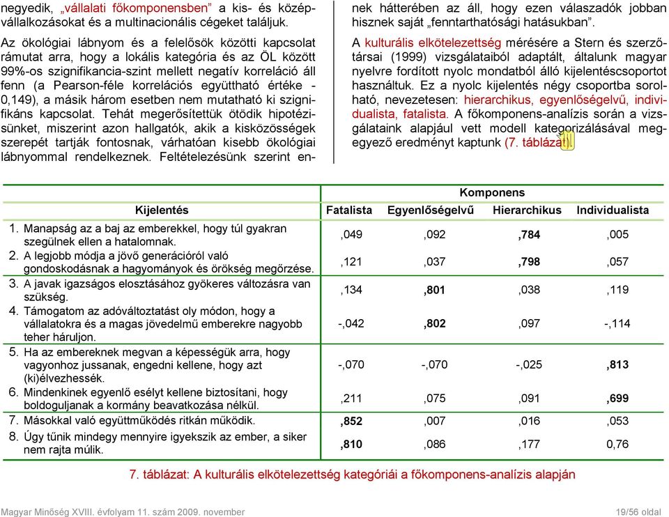 korrelációs együttható értéke - 0,149), a másik három esetben nem mutatható ki szignifikáns kapcsolat.