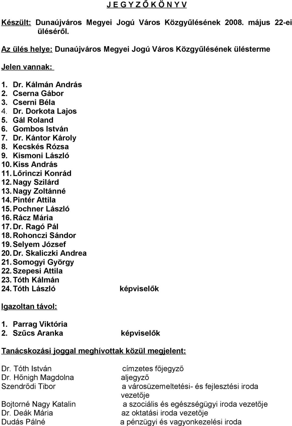 Nagy Szilárd 13. Nagy Zoltánné 14. Pintér Attila 15. Pochner László 16. Rácz Mária 17.Dr. Ragó Pál 18. Rohonczi Sándor 19. Selyem József 20. Dr. Skaliczki Andrea 21. Somogyi György 22.