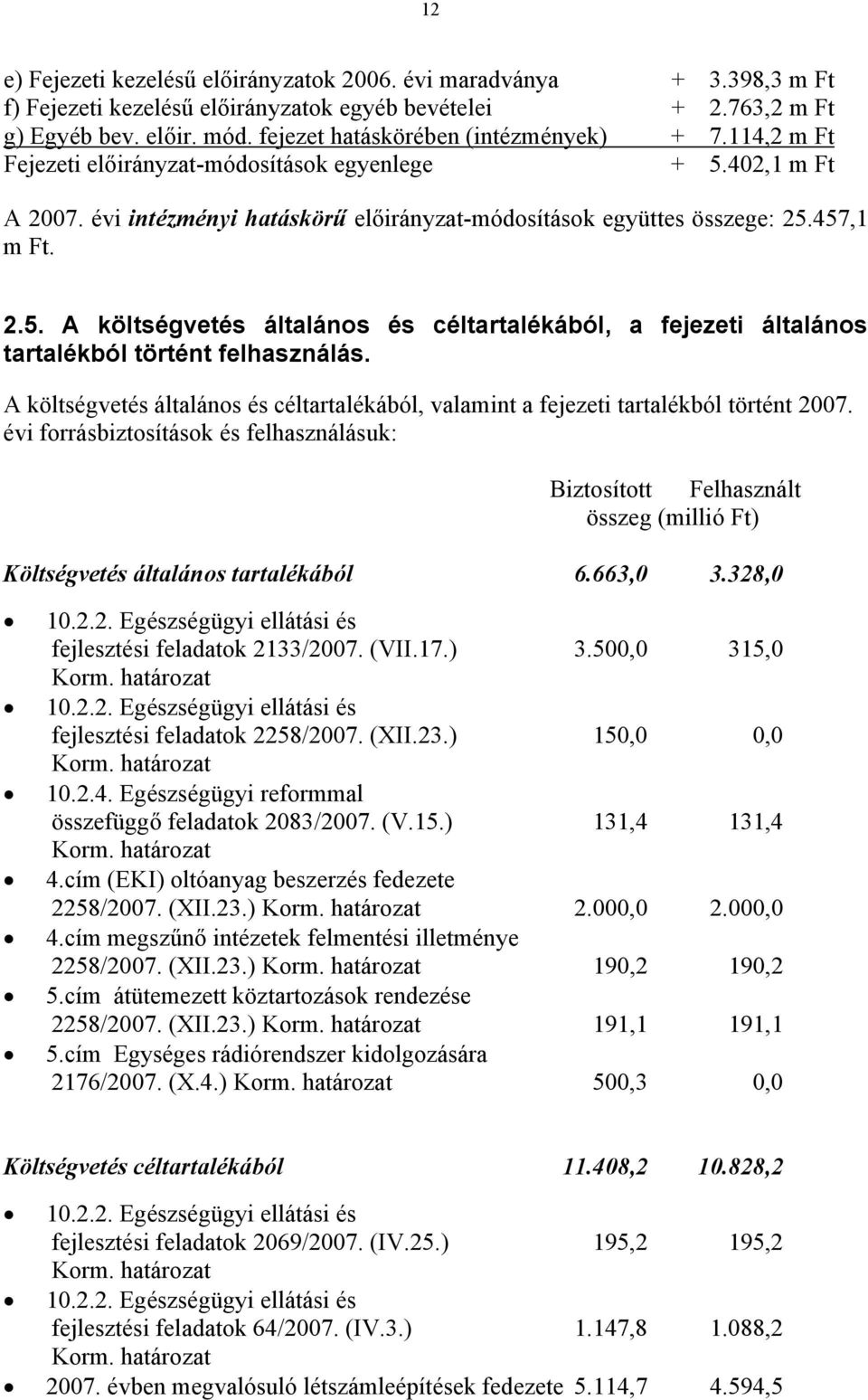 A költségvetés általános és céltartalékából, valamint a fejezeti tartalékból történt 2007.