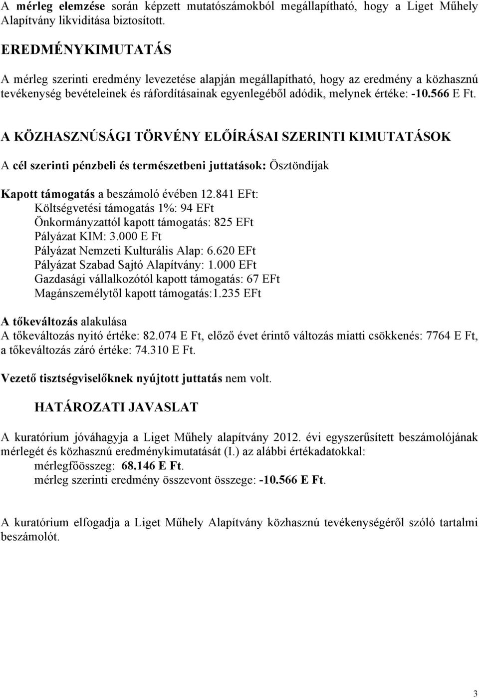 566 E Ft. A KÖZHASZNÚSÁGI TÖRVÉNY ELŐÍRÁSAI SZERINTI KIMUTATÁSOK A cél szerinti pénzbeli és természetbeni juttatások: Ösztöndíjak Kapott támogatás a beszámoló évében 12.