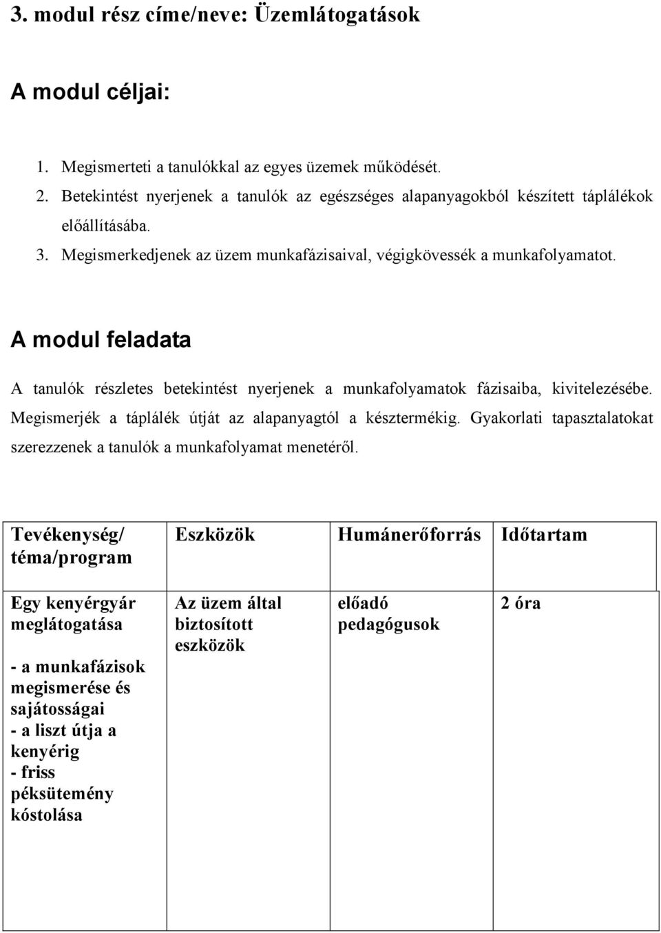 A modul feladata A tanulók részletes betekintést nyerjenek a munkafolyamatok fázisaiba, kivitelezésébe. Megismerjék a táplálék útját az alapanyagtól a késztermékig.