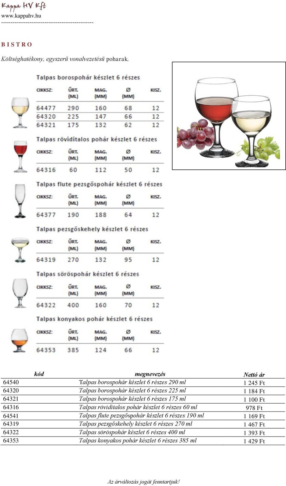 64321 Talpas borospohár készlet 6 részes 175 ml 1 100 Ft 64316 Talpas röviditalos pohár készlet 6 részes 60 ml 978 Ft 64541 Talpas flute