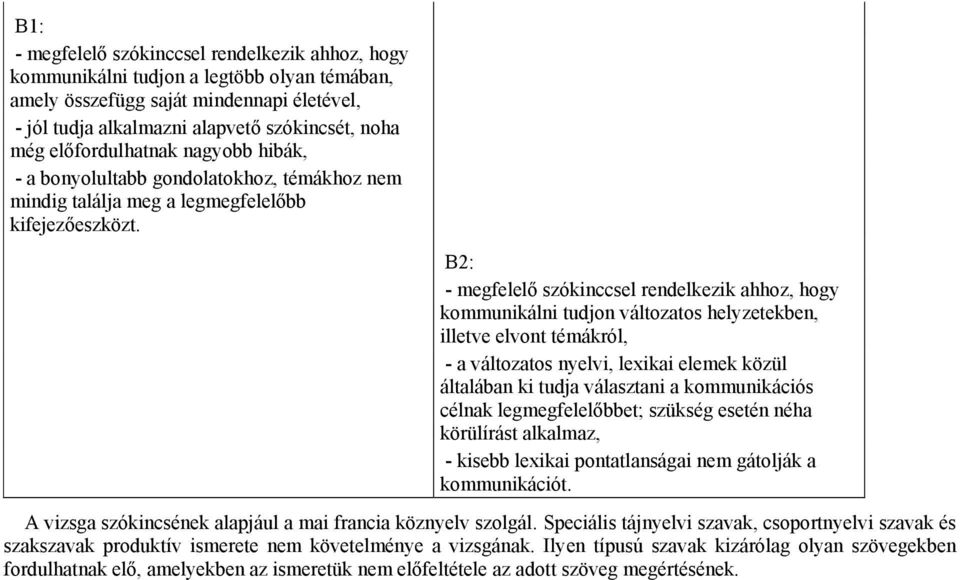 B2: - megfelelő szókinccsel rendelkezik ahhoz, hogy kommunikálni tudjon változatos helyzetekben, illetve elvont témákról, - a változatos nyelvi, lexikai elemek közül általában ki tudja választani a