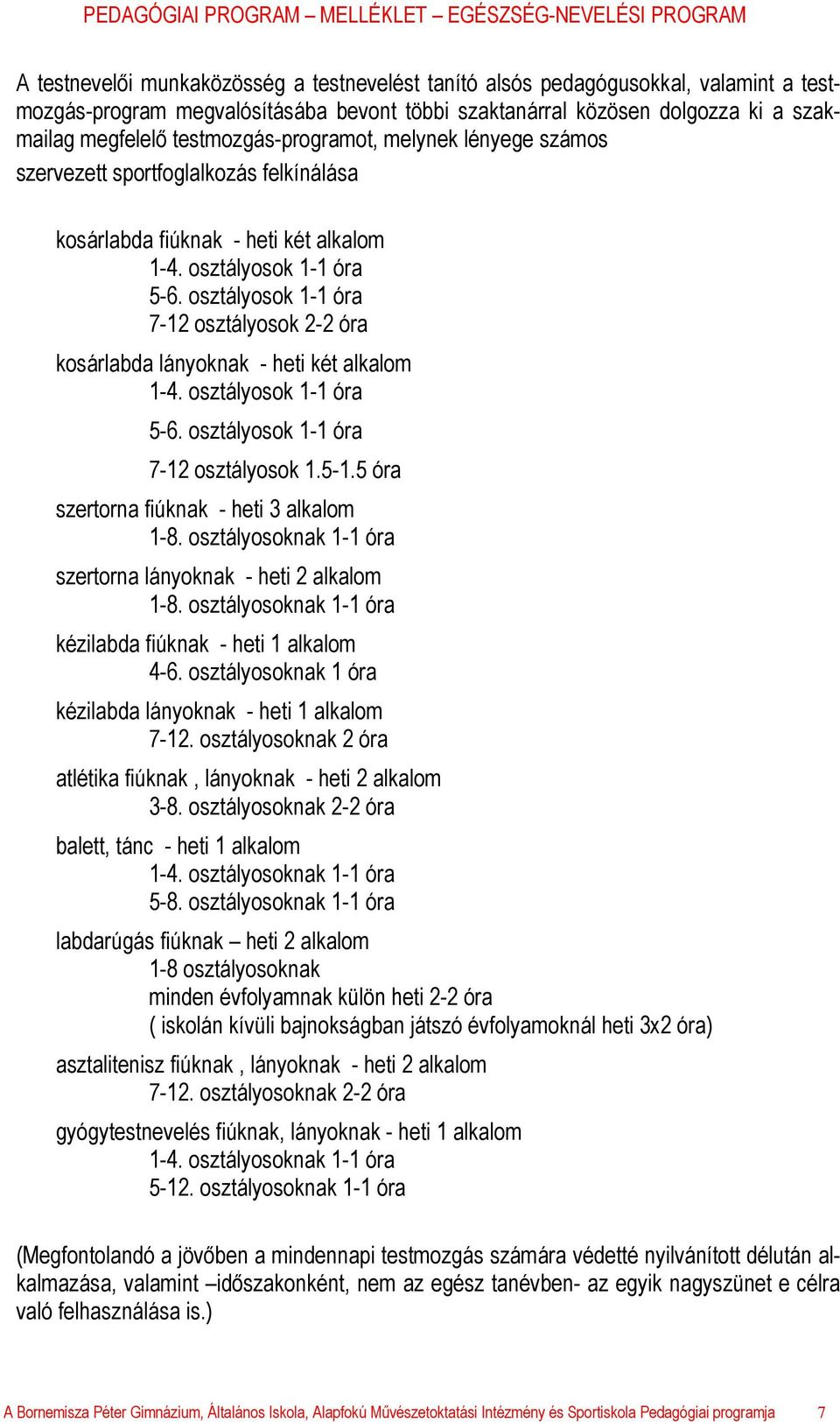 osztályosok 1-1 óra 7-12 osztályosok 2-2 óra kosárlabda lányoknak - heti két alkalom 1-4. osztályosok 1-1 óra 5-6. osztályosok 1-1 óra 7-12 osztályosok 1.5-1.