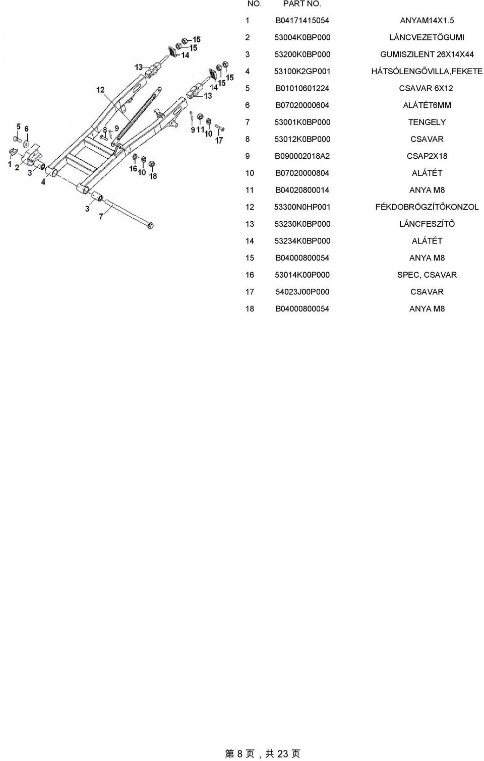 CSAVAR 6X12 6 B07020000604 ALÁTÉT6MM 7 53001K0BP000 TENGELY 8 53012K0BP000 CSAVAR 9 B090002018A2 CSAP2X18 10 B07020000804