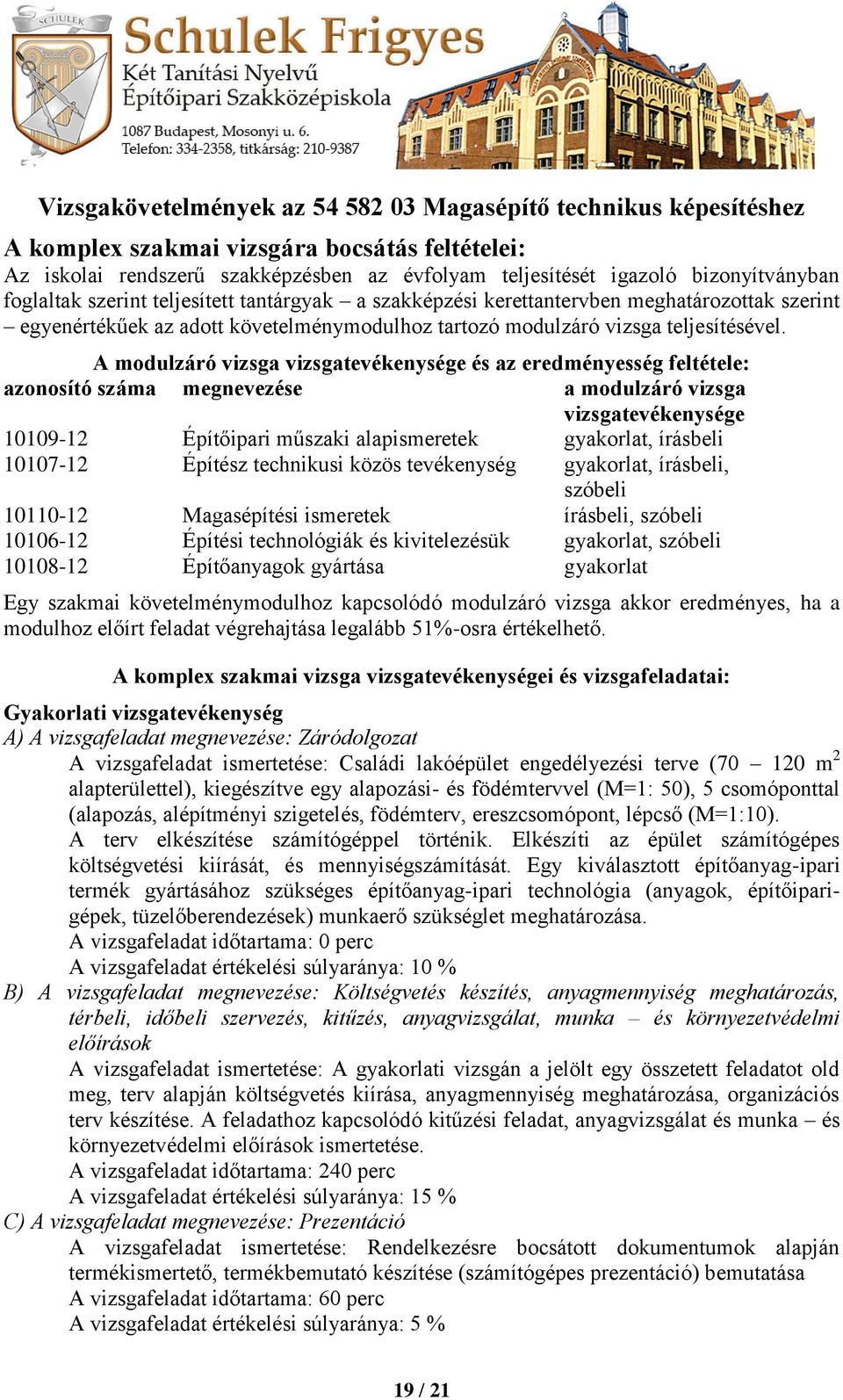 A modulzáró vizsga vizsgatevékenysége és az eredményesség feltétele: azonosító száma megnevezése a modulzáró vizsga vizsgatevékenysége 10109-12 Építőipari műszaki alapismeretek gyakorlat, írásbeli