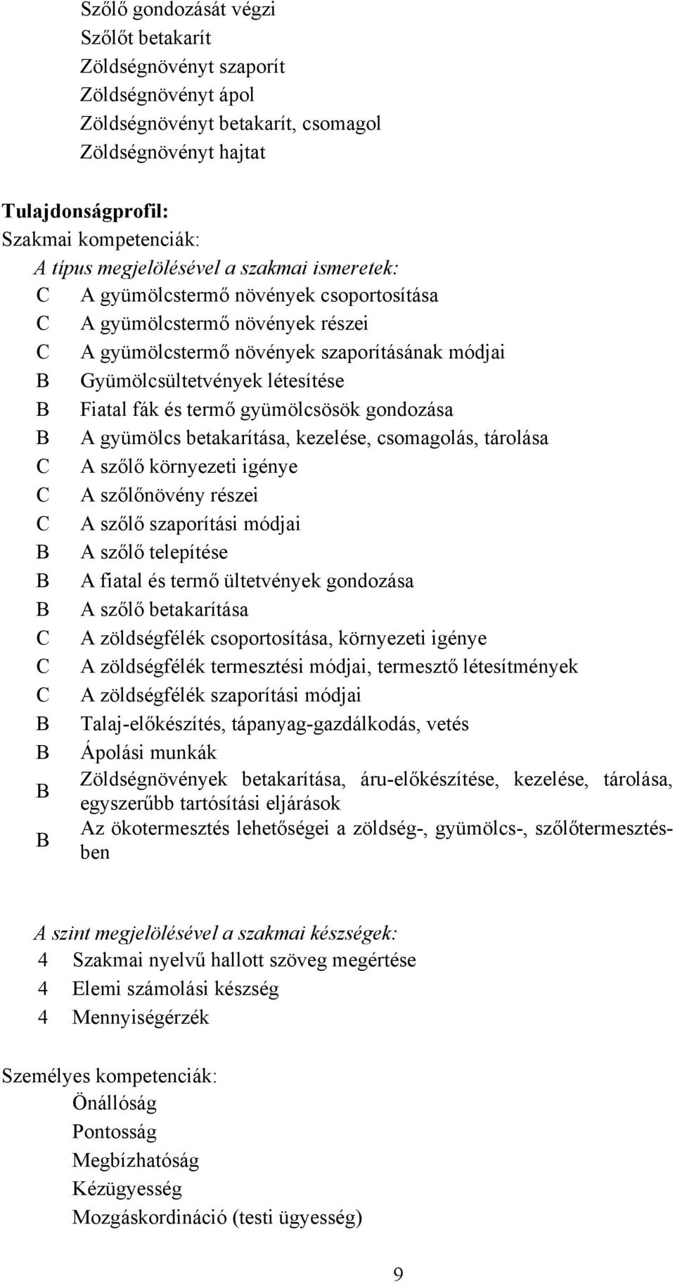 Fiatal fák és termő gyümölcsösök gondozása B A gyümölcs betakarítása, kezelése, csomagolás, tárolása C A szőlő környezeti igénye C A szőlőnövény részei C A szőlő szaporítási módjai B A szőlő