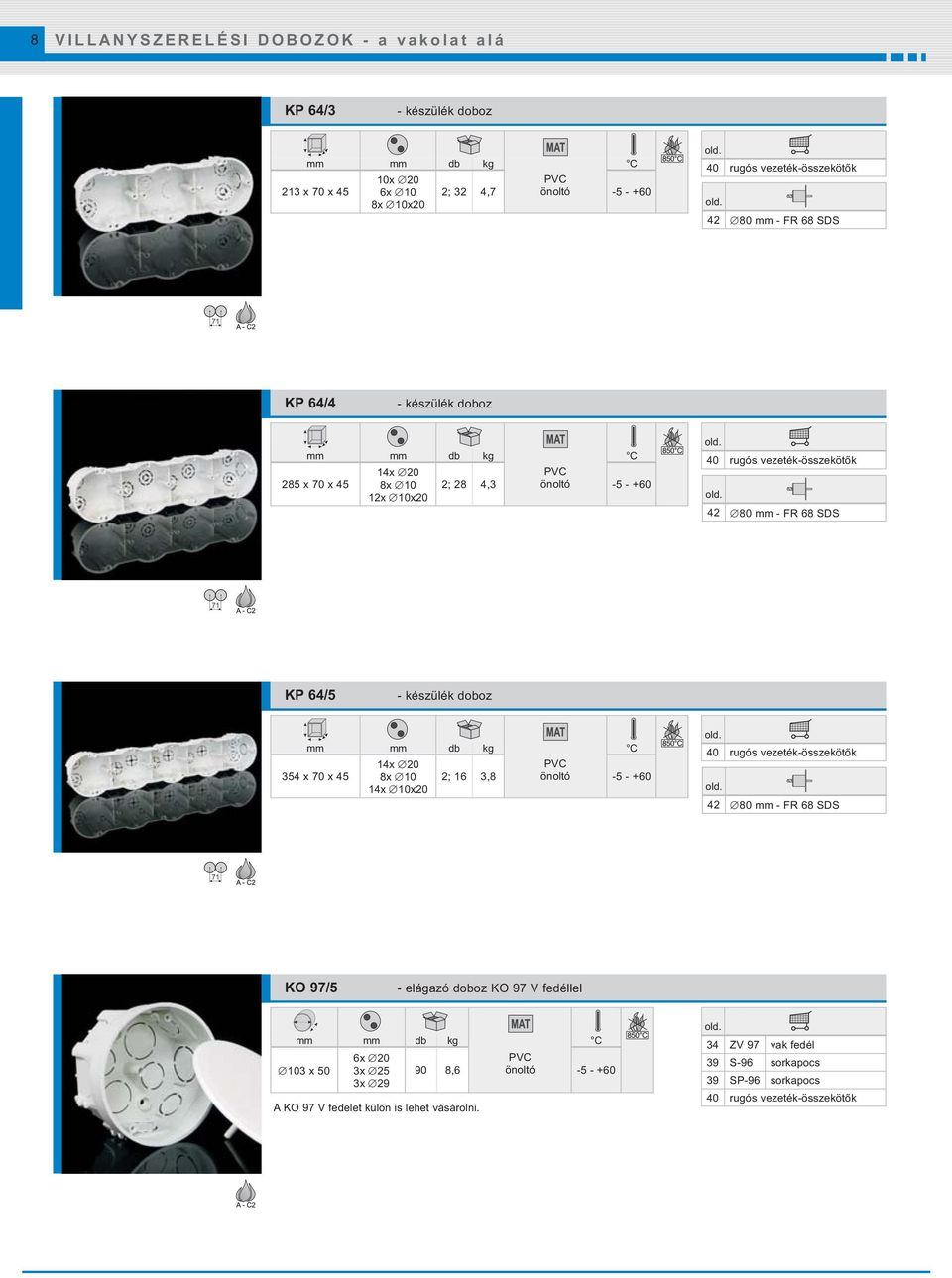 doboz 354 x 70 x 45 14x 20 8x 10 14x 10x20 2; 16 3,8-5 - +60 42 80 mm - FR 68 SDS KO 97/5 - elágazó doboz KO 97 V fedéllel 103 x 50