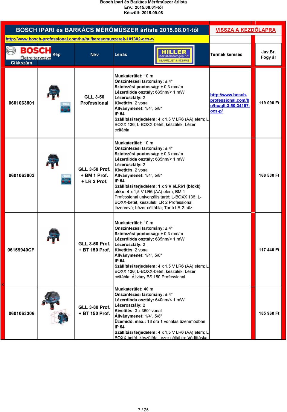 Munkaterület: 10 m Önszintezési tartomány: ± 4 Szintezési pontosság: ± 0,3 mm/m Lézerdióda osztály: 635nm/< 1 mw Kivetítés: 2 vonal Szállítási terjedelem: 1 x 9 V 6LR61 (blokk) akku; 4 x 1,5 V LR6