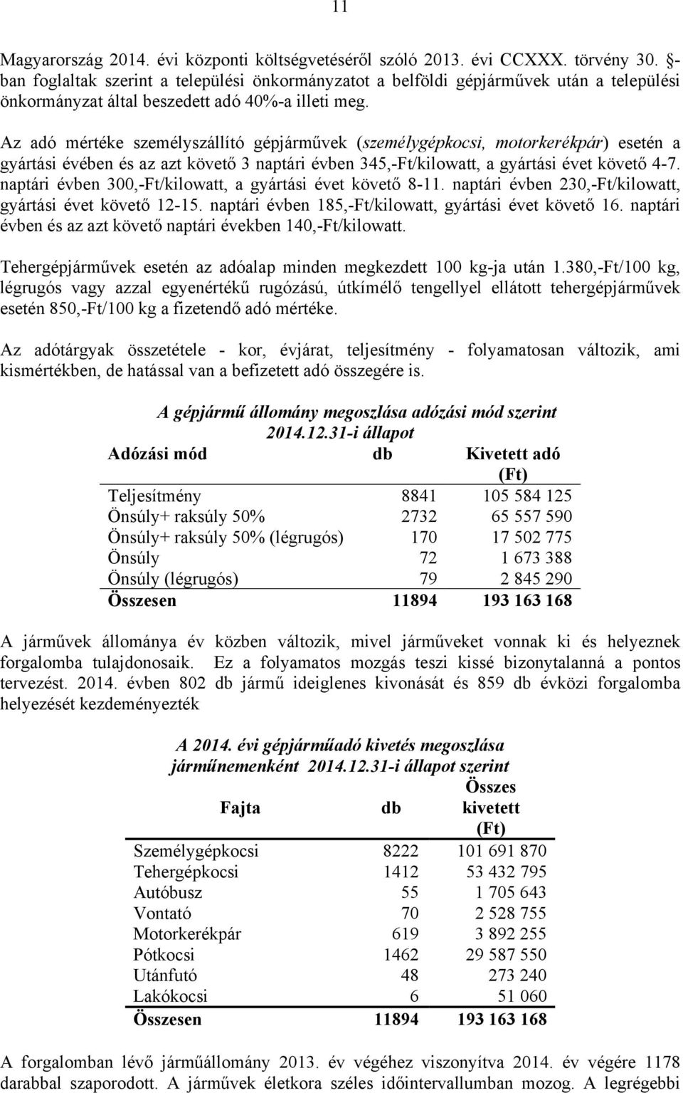 Az adó mértéke személyszállító gépjárművek (személygépkocsi, motorkerékpár) esetén a gyártási évében és az azt követő 3 naptári évben 345,-Ft/kilowatt, a gyártási évet követő 4-7.