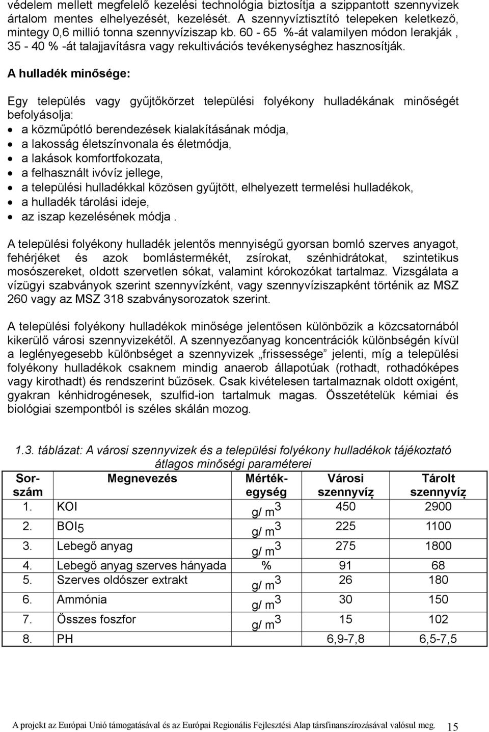 A hulladék minősége: Egy település vagy gyűjtőkörzet települési folyékony hulladékának minőségét befolyásolja: a közműpótló berendezések kialakításának módja, a lakosság életszínvonala és életmódja,