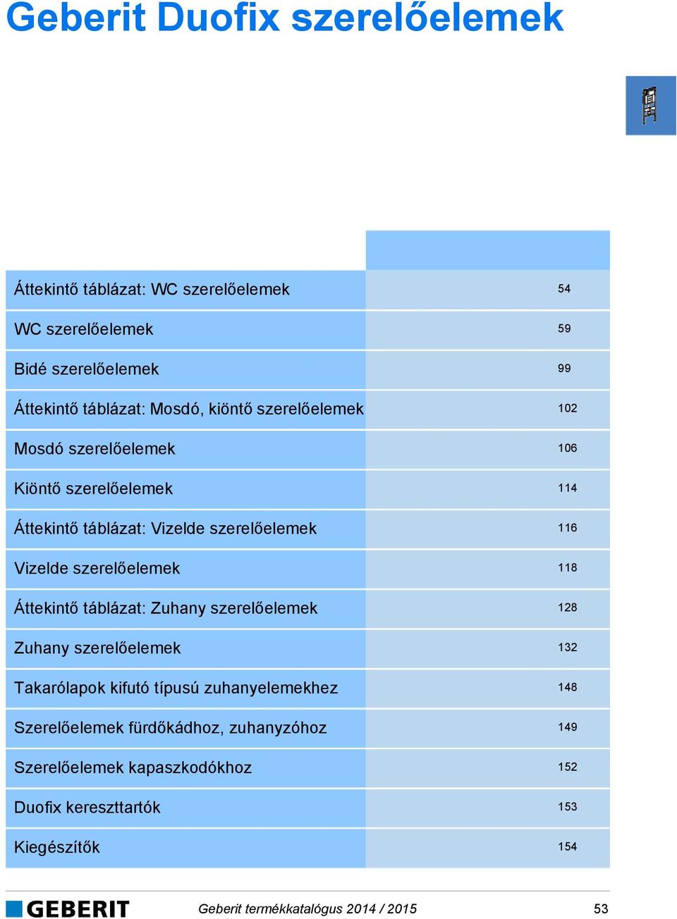 Áttekintő táblázat: Zuhany szerelőelemek 128 Zuhany szerelőelemek 132 Takarólapok kifutó típusú zuhanyelemekhez 148 Szerelőelemek