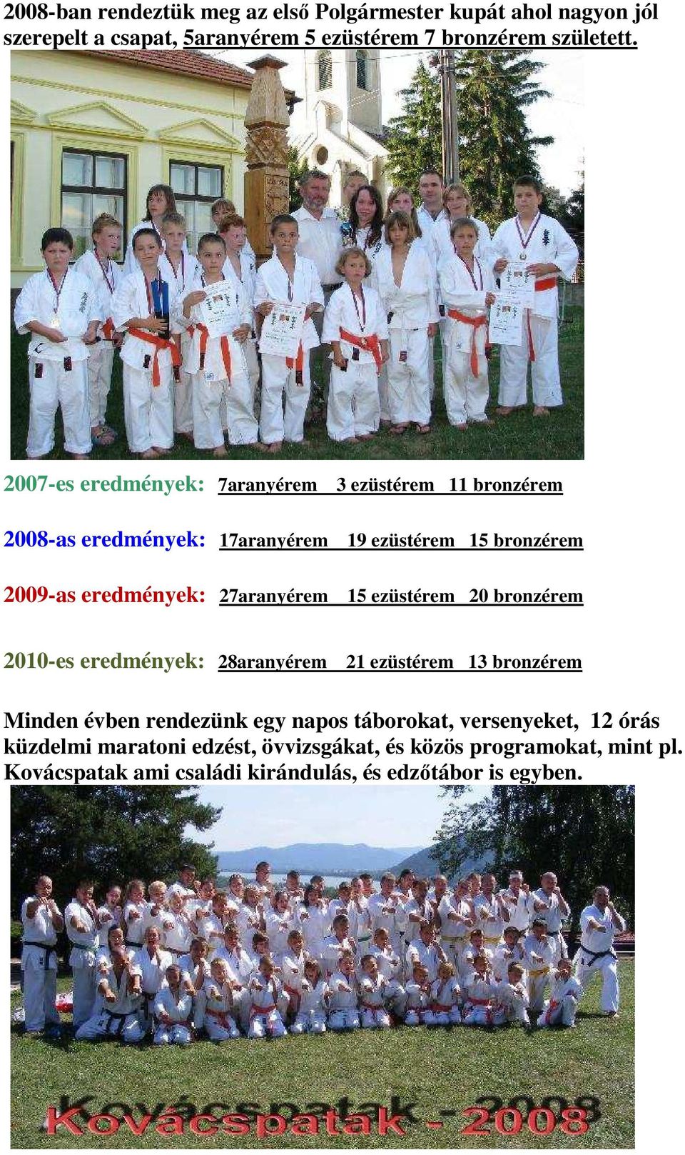 bronzérem 15 ezüstérem 20 bronzérem 2010-es eredmények: 28aranyérem 21 ezüstérem 13 bronzérem Minden évben rendezünk egy napos táborokat,