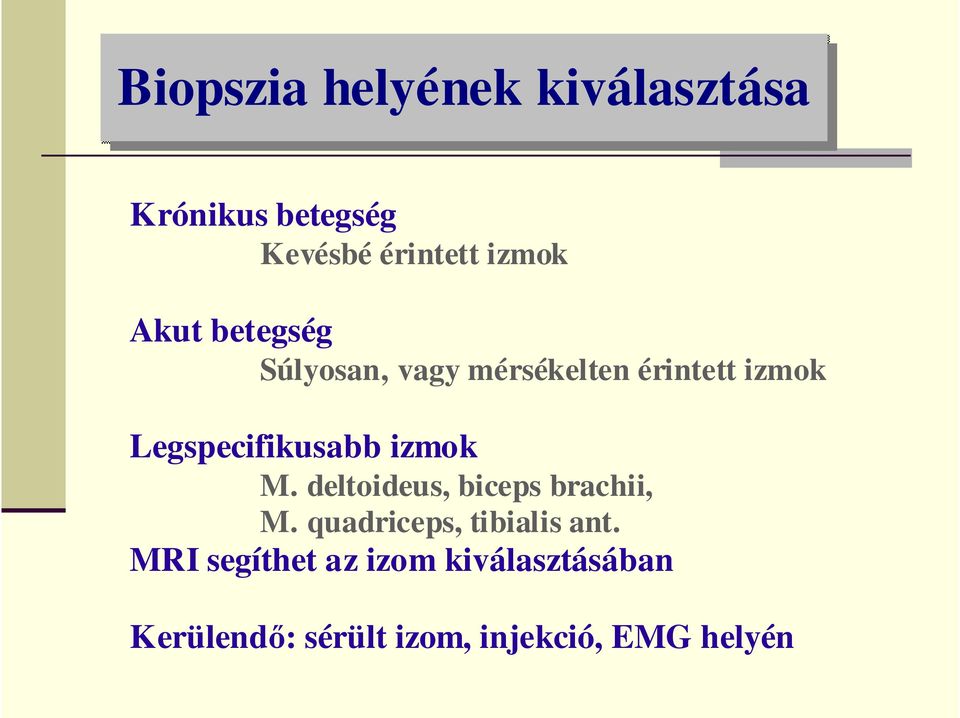 izmok M. deltoideus, biceps brachii, M. quadriceps, tibialis ant.