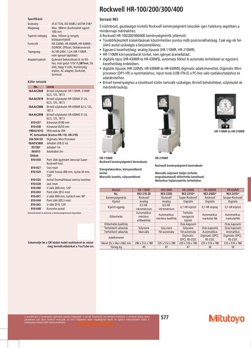 és R/Shez, Acél golyó 1/16"/1,587mm, Sík ülék, Nagy V-ülék, Keménység etalon, AC adapter, Burkolat, Szintező. Külön tartozék No. Leírás 56AAK286B Brinell súlykészlet HR-11MR, 21MR 62.5, 125, 187.