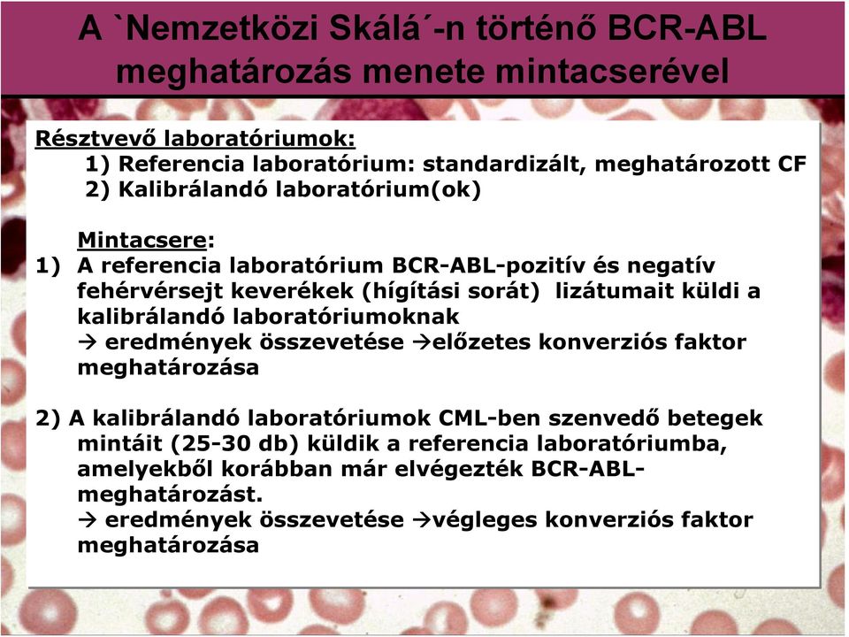 kalibrálandó laboratóriumoknak eredmények összevetése előzetes konverziós faktor meghatározása 2) A kalibrálandó laboratóriumok CML-ben szenvedő betegek mintáit