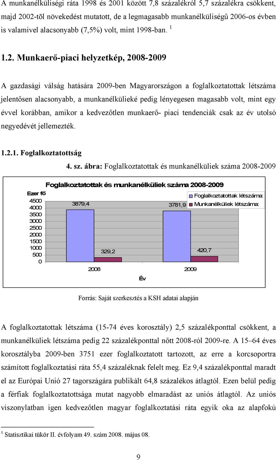 Munkaerő-piaci helyzetkép, 2008-2009 A gazdasági válság hatására 2009-ben Magyarországon a foglalkoztatottak létszáma jelentősen alacsonyabb, a munkanélkülieké pedig lényegesen magasabb volt, mint