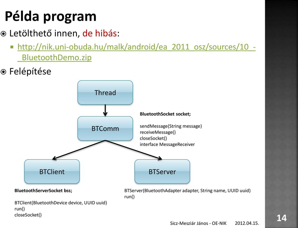 zip Felépítése Thread BluetoothSocket socket; BTComm sendmessage(string message) receivemessage()