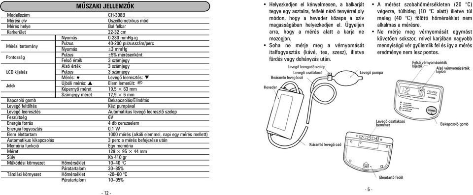 Számjegy méret 12,9 6 mm Bekapcsolás/Elindítás Kézi pumpával Automatikus levegõ leeresztõ szelep 6V 4 db ceruzaelem 0,1 W 1000 mérés (alkáli elemmel, napi egy mérés mellett) 3 perc a mérés befejezése