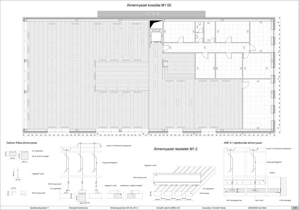 DR 25 és DR 44 lamellák Ruukki T153 teherhordó trapézlemez Álmennyezet részletek M1:2 Ruukki T153 teherhordó trapézlemez 38 mm Rugós gyorsfüggesztı Rugós gyorsfüggesztı Függesztı Tprofil 50 mm