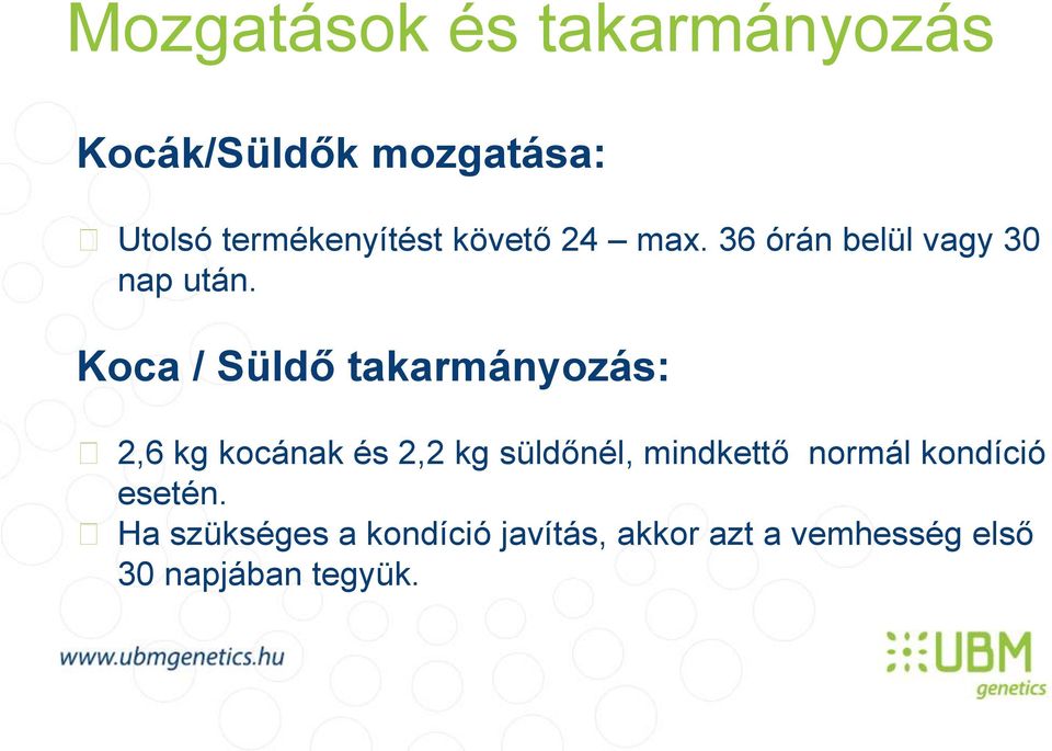 Koca / Süldő takarmányozás: 2,6 kg kocának és 2,2 kg süldőnél, mindkettő