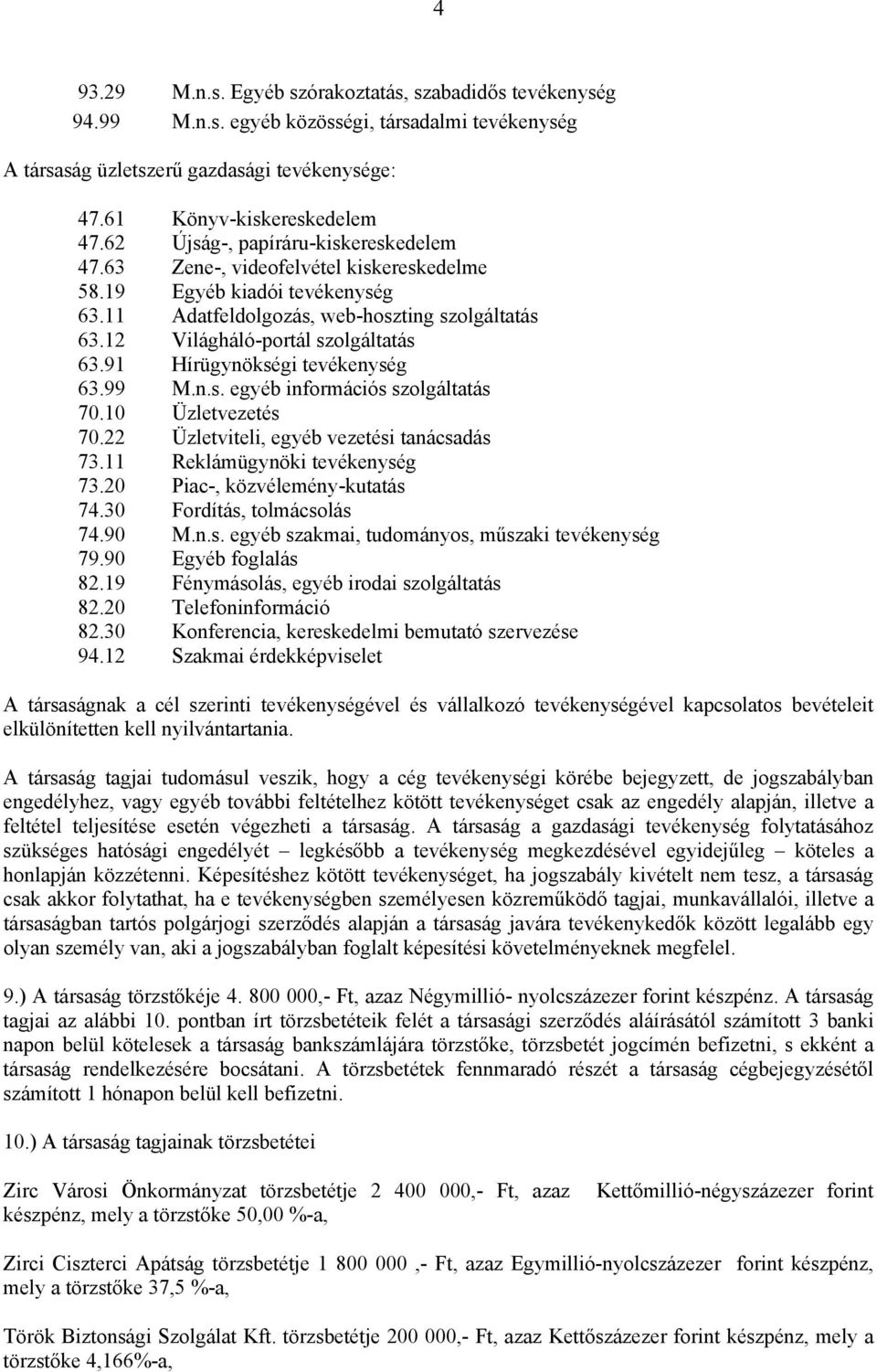 91 Hírügynökségi tevékenység 63.99 M.n.s. egyéb információs szolgáltatás 70.10 Üzletvezetés 70.22 Üzletviteli, egyéb vezetési tanácsadás 73.11 Reklámügynöki tevékenység 73.