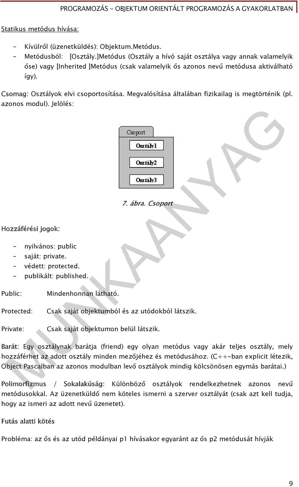 Megvalósítása általában fizikailag is megtörténik (pl. azonos modul). Jelölés: Hozzáférési jogok: Public: - nyilvános: public - saját: private. - védett: protected. - publikált: published.