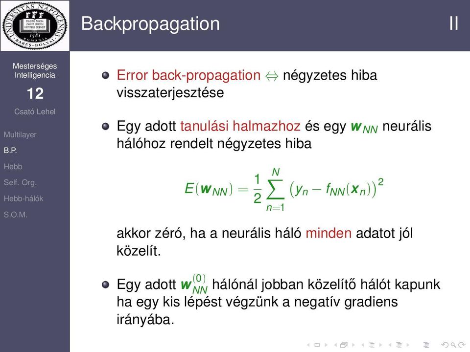 f NN (x n ) ) 2 n=1 akkor zéró, ha a neurális háló minden adatot jól közelít.